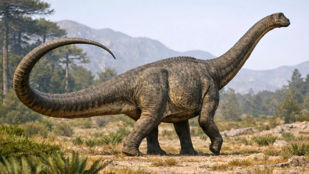 Un Giraffatitan marche dans un paysage du Jurassique supérieur, avec sa longue queue relevée et courbée de manière dynamique au-dessus du sol.