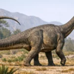 Un Giraffatitan marche dans un paysage du Jurassique supérieur, avec sa longue queue relevée et courbée de manière dynamique au-dessus du sol.