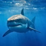 Un grand requin blanc nage sous la surface dans une eau bleu profond de Méditerranée, éclairé par des rayons de soleil filtrant à travers les vagues.