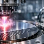 Gros plan réaliste d’une plaquette de semi-conducteur en cours de gravure plasma dans une salle blanche industrielle.