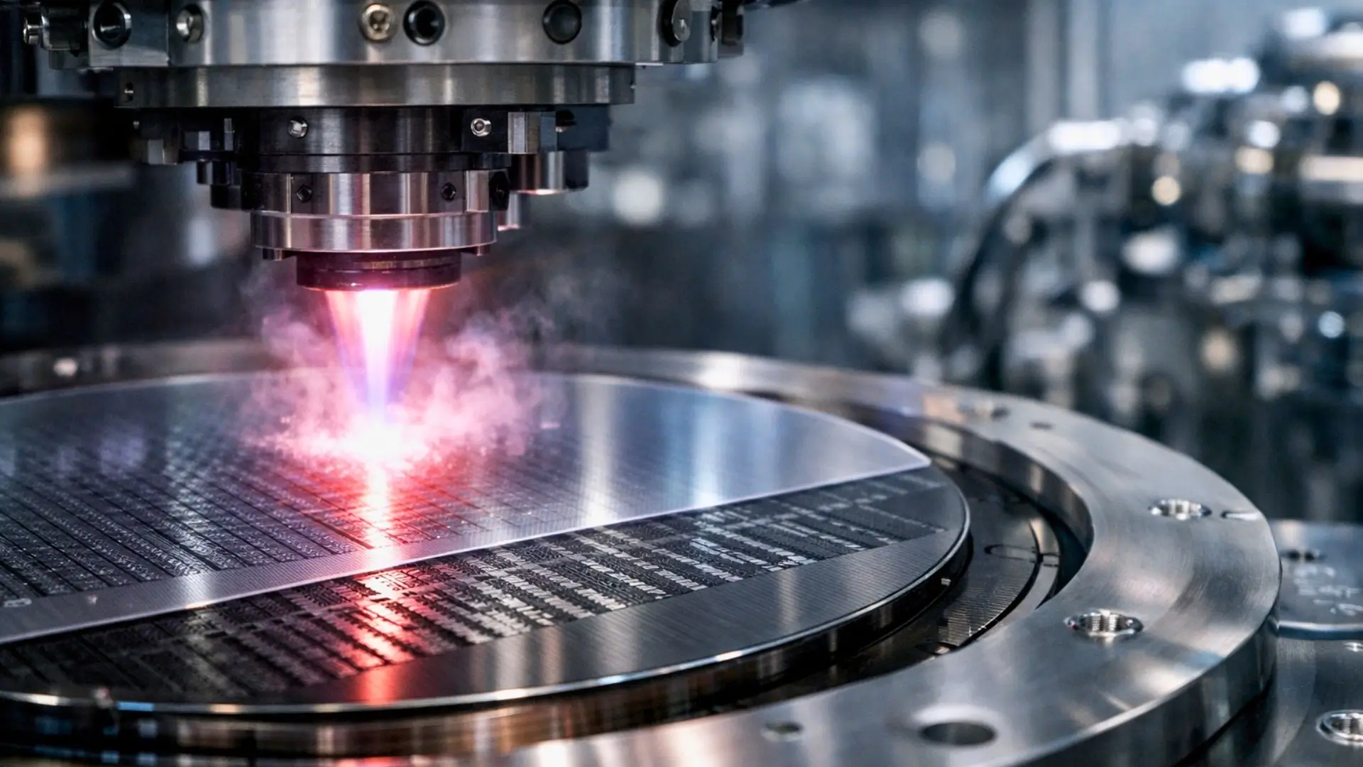 Gros plan réaliste d’une plaquette de semi-conducteur en cours de gravure plasma dans une salle blanche industrielle.