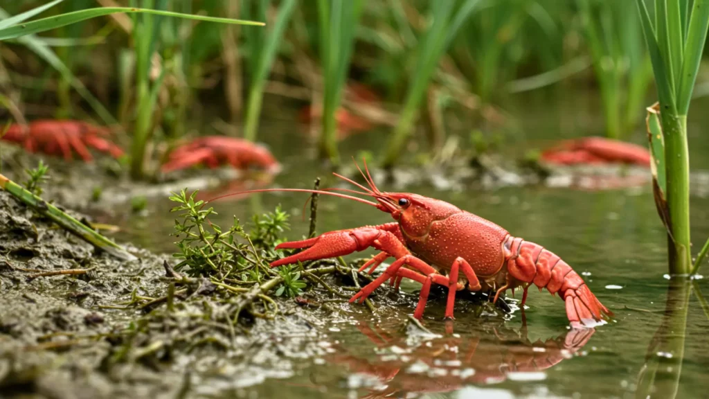 Écrevisse rouge de Louisiane dans une zone humide au bord de l’eau
