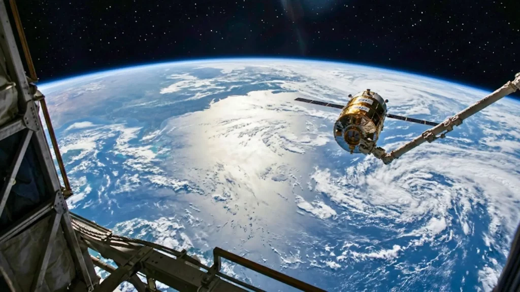 Vue réaliste de la Terre depuis l’ISS, avec un fort reflet du Soleil sur l’Atlantique et un cargo spatial japonais en manœuvre près de la station.
