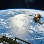 Vue réaliste de la Terre depuis l’ISS, avec un fort reflet du Soleil sur l’Atlantique et un cargo spatial japonais en manœuvre près de la station.