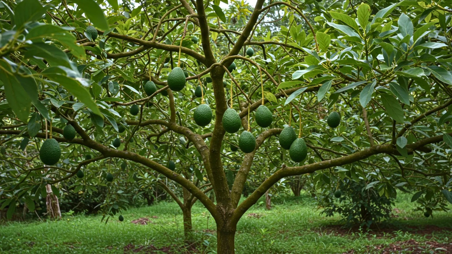 Avocatier avec plusieurs avocats mûrissant sur les branches dans un environnement tropical verdoyant