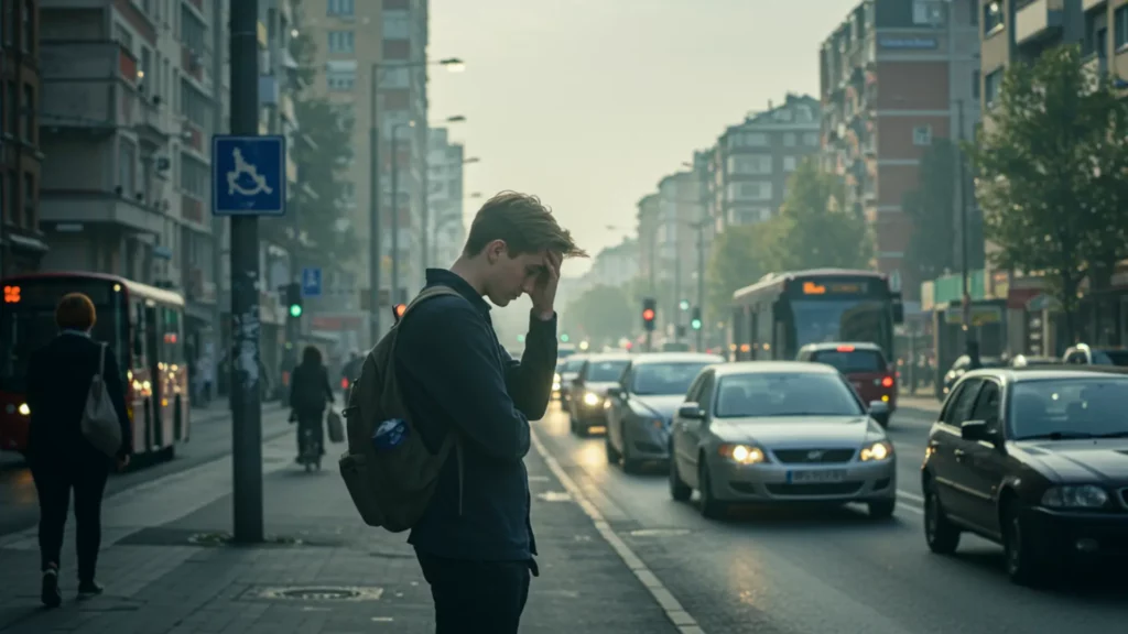 Homme stressé au bord d’une rue très circulée en ville, exposé à la pollution de l’air et au bruit du trafic.