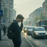 Homme stressé au bord d’une rue très circulée en ville, exposé à la pollution de l’air et au bruit du trafic.