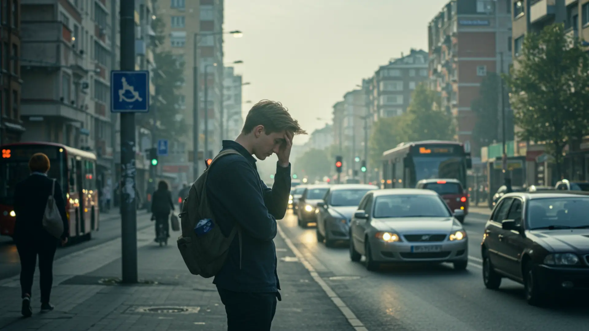 Homme stressé au bord d’une rue très circulée en ville, exposé à la pollution de l’air et au bruit du trafic.