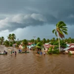 Village tropical inondé avec des habitants se déplaçant en barque et à pied sous un ciel orageux