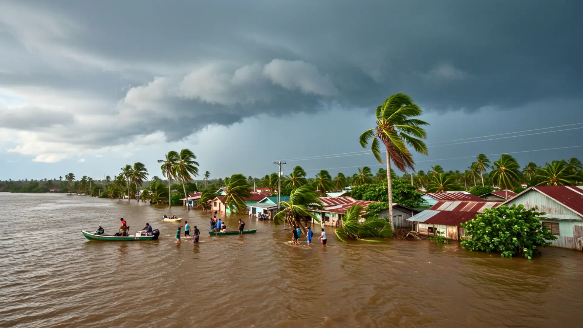 Village tropical inondé avec des habitants se déplaçant en barque et à pied sous un ciel orageux