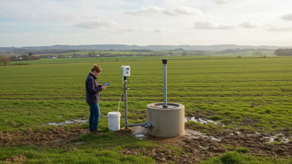 Technicien mesurant le niveau d’une nappe phréatique dans un champ agricole