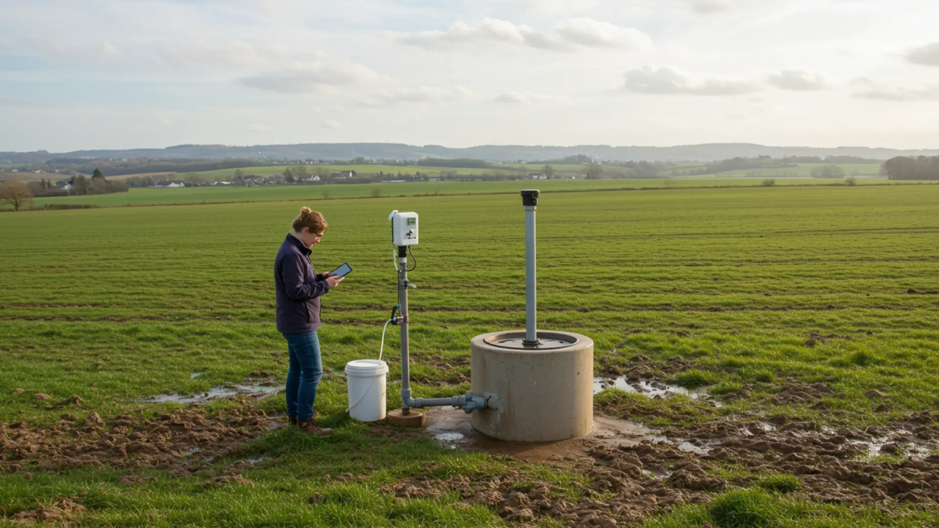 Technicien mesurant le niveau d’une nappe phréatique dans un champ agricole