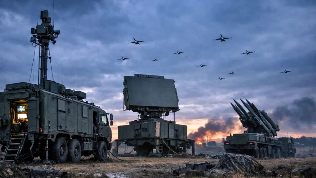 Un système de défense aérienne européen déployé sur un terrain ukrainien, avec radar, véhicule de commandement et drones hostiles visibles dans le ciel.