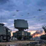 Un système de défense aérienne européen déployé sur un terrain ukrainien, avec radar, véhicule de commandement et drones hostiles visibles dans le ciel.