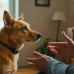 Chien attentif regardant son maître qui lui parle et fait des gestes de la main