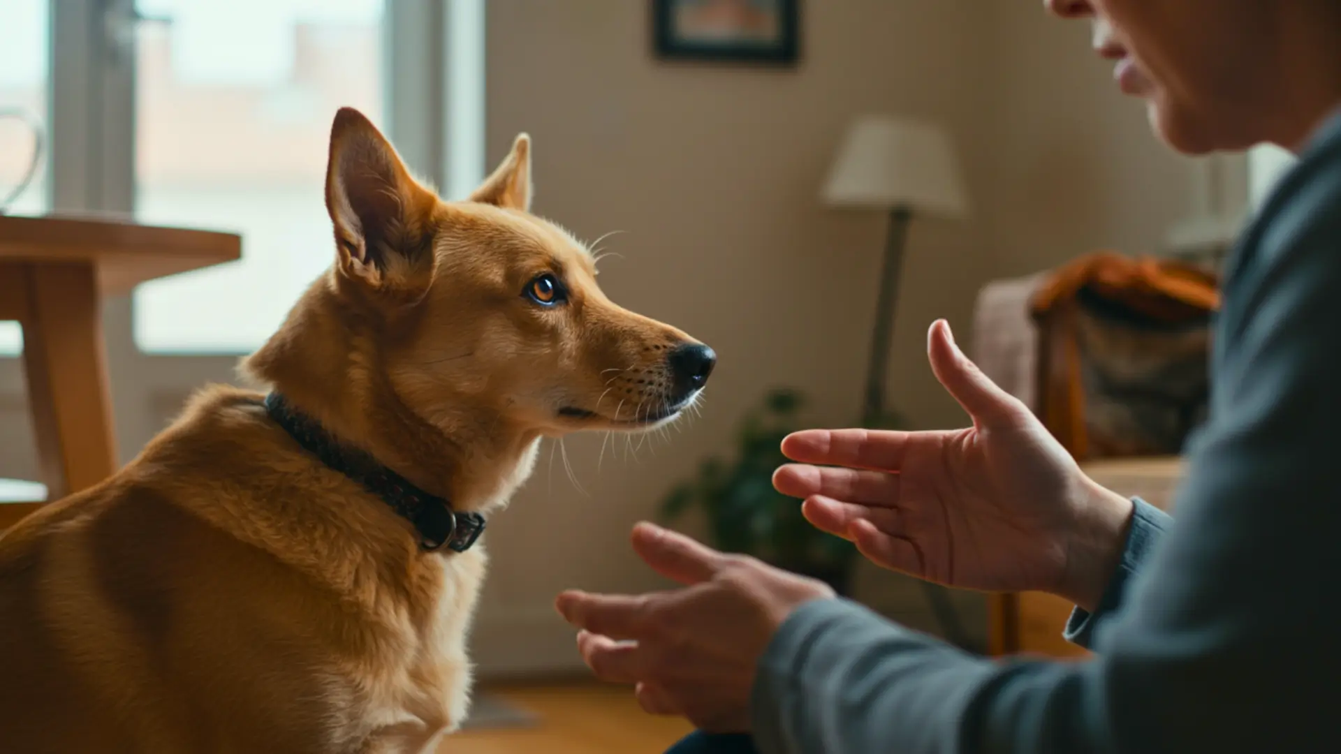 Chien attentif regardant son maître qui lui parle et fait des gestes de la main