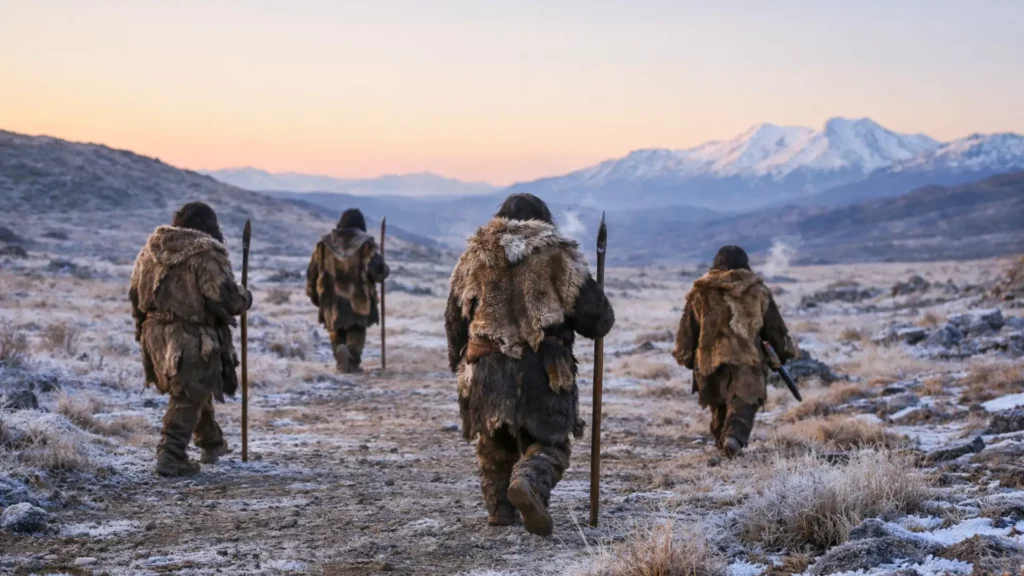 Groupe de Néandertaliens marchant dans un paysage gelé avec montagnes enneigées au lever du jour