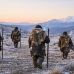 Groupe de Néandertaliens marchant dans un paysage gelé avec montagnes enneigées au lever du jour