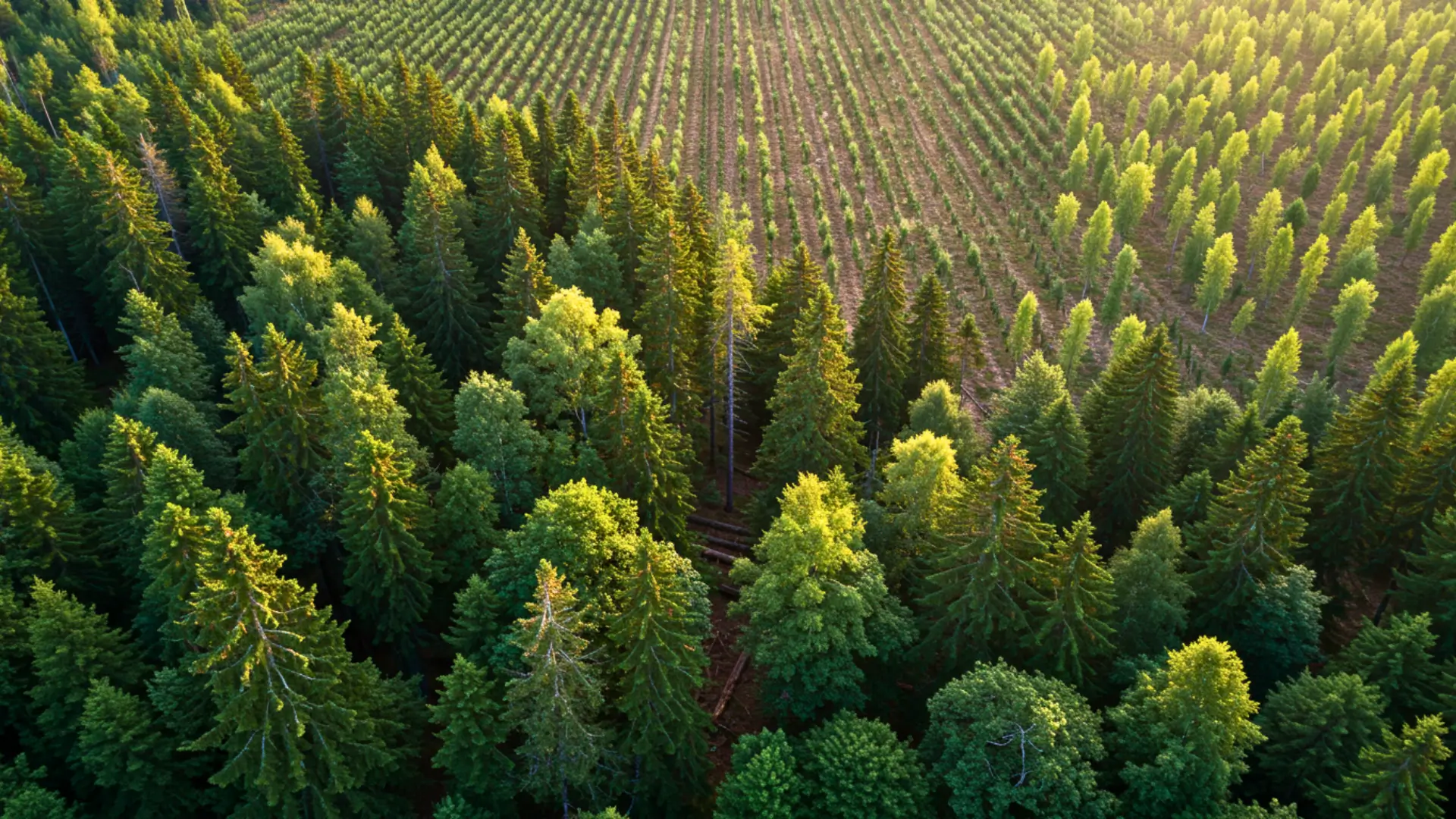 Vue aérienne d’une forêt naturelle dense jouxtant une plantation d’arbres alignés