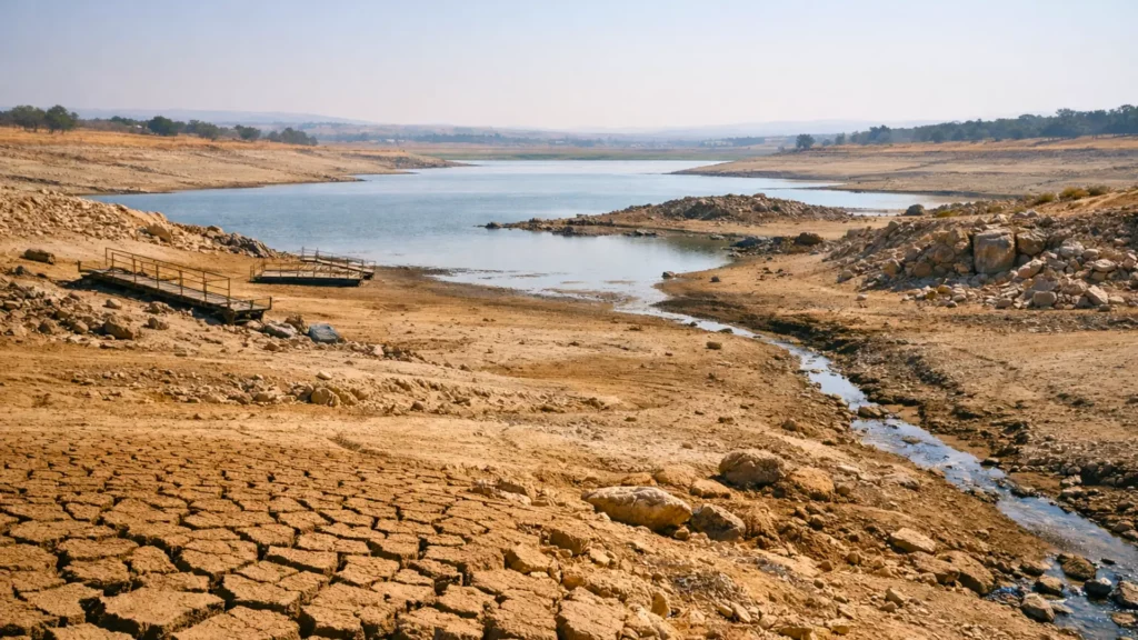 Sol craquelé et niveau d’eau très bas dans un lac asséché, illustrant la sécheresse et la diminution des réserves d’eau douce.