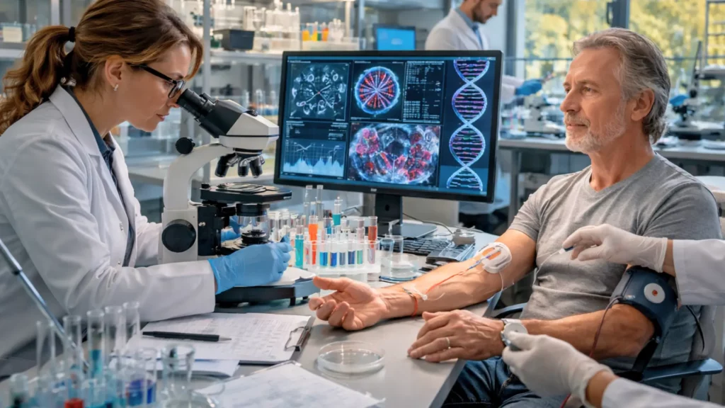 Scientifique analysant un échantillon sanguin avec IA pour la recherche sur la longévité humaine