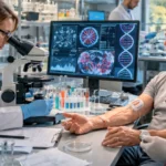 Scientifique analysant un échantillon sanguin avec IA pour la recherche sur la longévité humaine