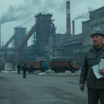 Ouvrier devant une usine industrielle russe avec des cheminées fumantes, symbole des tensions économiques et de l’emploi menacé.