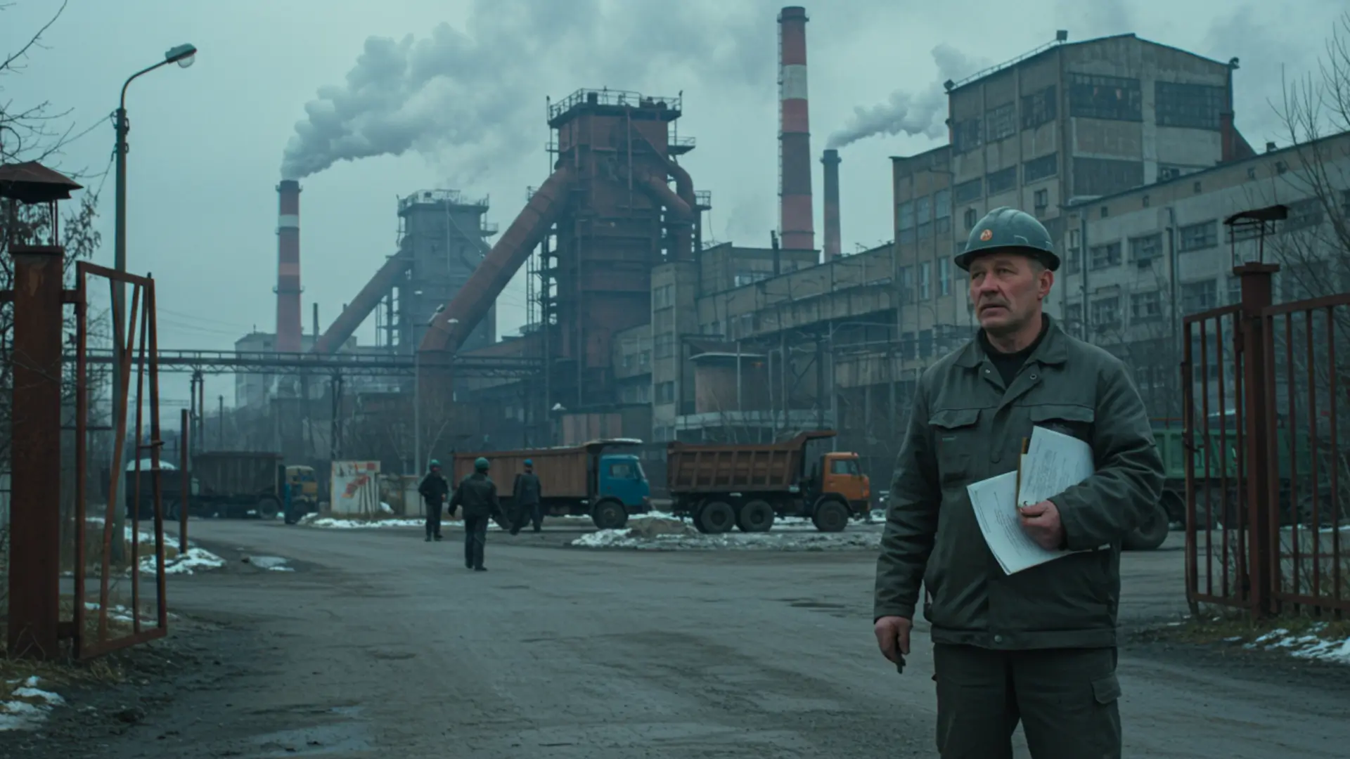 Ouvrier devant une usine industrielle russe avec des cheminées fumantes, symbole des tensions économiques et de l’emploi menacé.