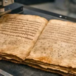 Un ancien manuscrit ouvert repose sur une table d’analyse en laboratoire, avec des tracés astronomiques visibles sur ses pages usées.