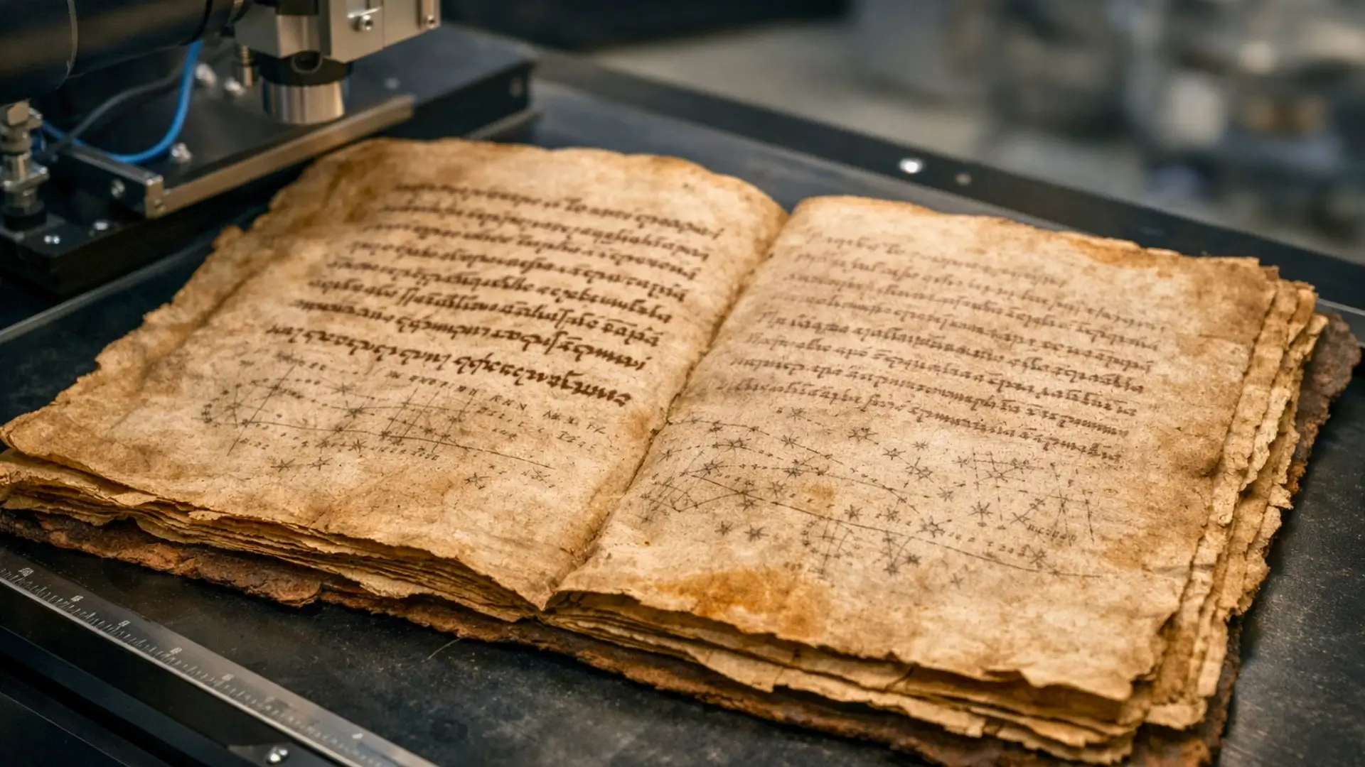Un ancien manuscrit ouvert repose sur une table d’analyse en laboratoire, avec des tracés astronomiques visibles sur ses pages usées.