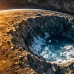Vue réaliste de Mercure montrant un vaste cratère polaire plongé dans l’ombre, avec des dépôts de glace visibles au fond, tandis que la surface alentour est fortement éclairée par le Soleil.