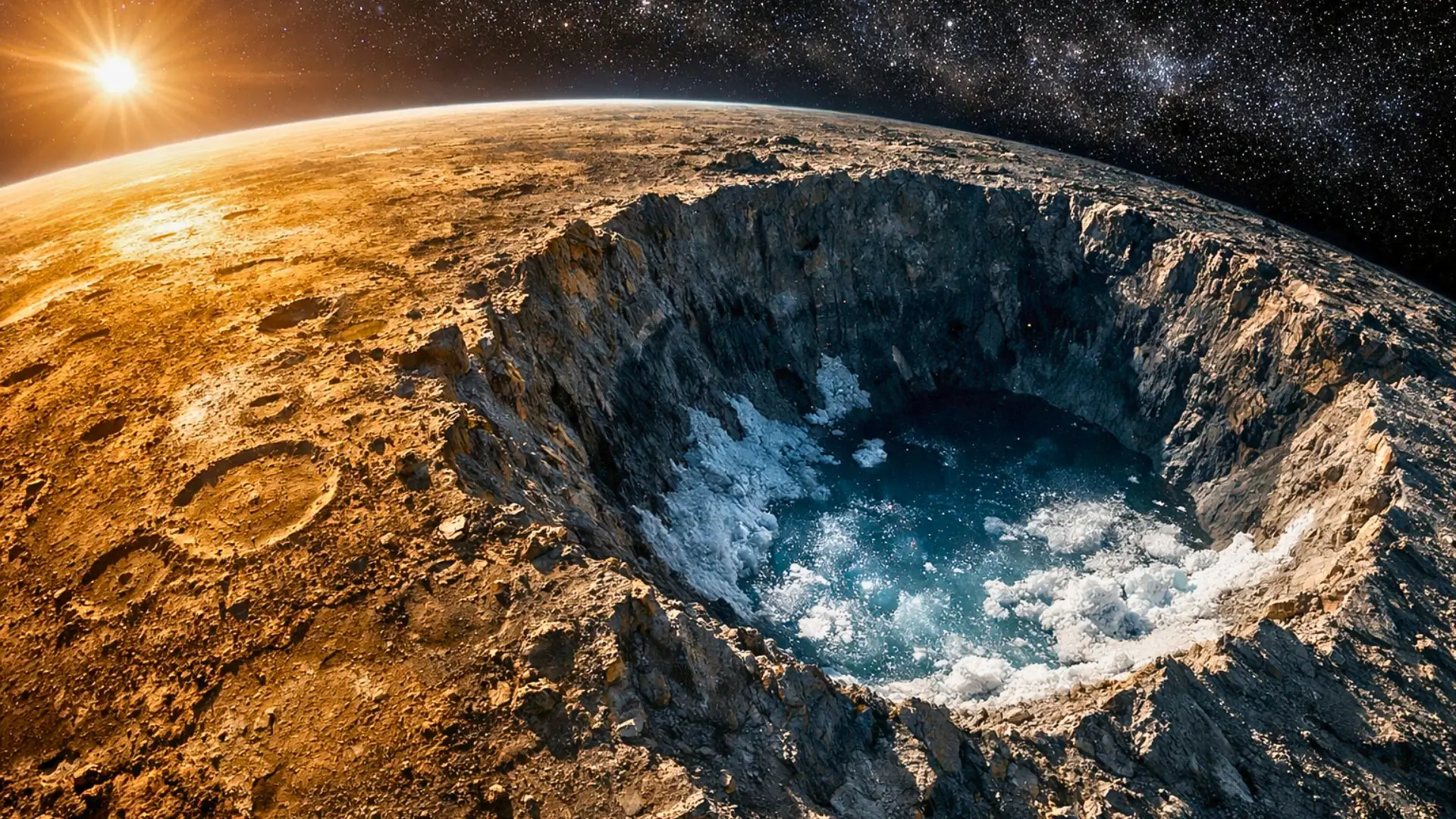 Vue réaliste de Mercure montrant un vaste cratère polaire plongé dans l’ombre, avec des dépôts de glace visibles au fond, tandis que la surface alentour est fortement éclairée par le Soleil.