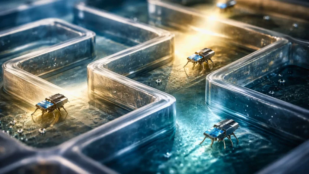 Des microrobots métalliques nagent dans un minuscule labyrinthe transparent rempli de liquide, guidés par des faisceaux lumineux projetés dans un dispositif de laboratoire.