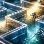 Des microrobots métalliques nagent dans un minuscule labyrinthe transparent rempli de liquide, guidés par des faisceaux lumineux projetés dans un dispositif de laboratoire.