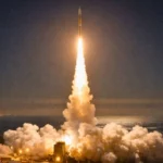 Un missile Minuteman III décolle de nuit depuis la base de Vandenberg, une puissante colonne de feu illuminant la côte du Pacifique.