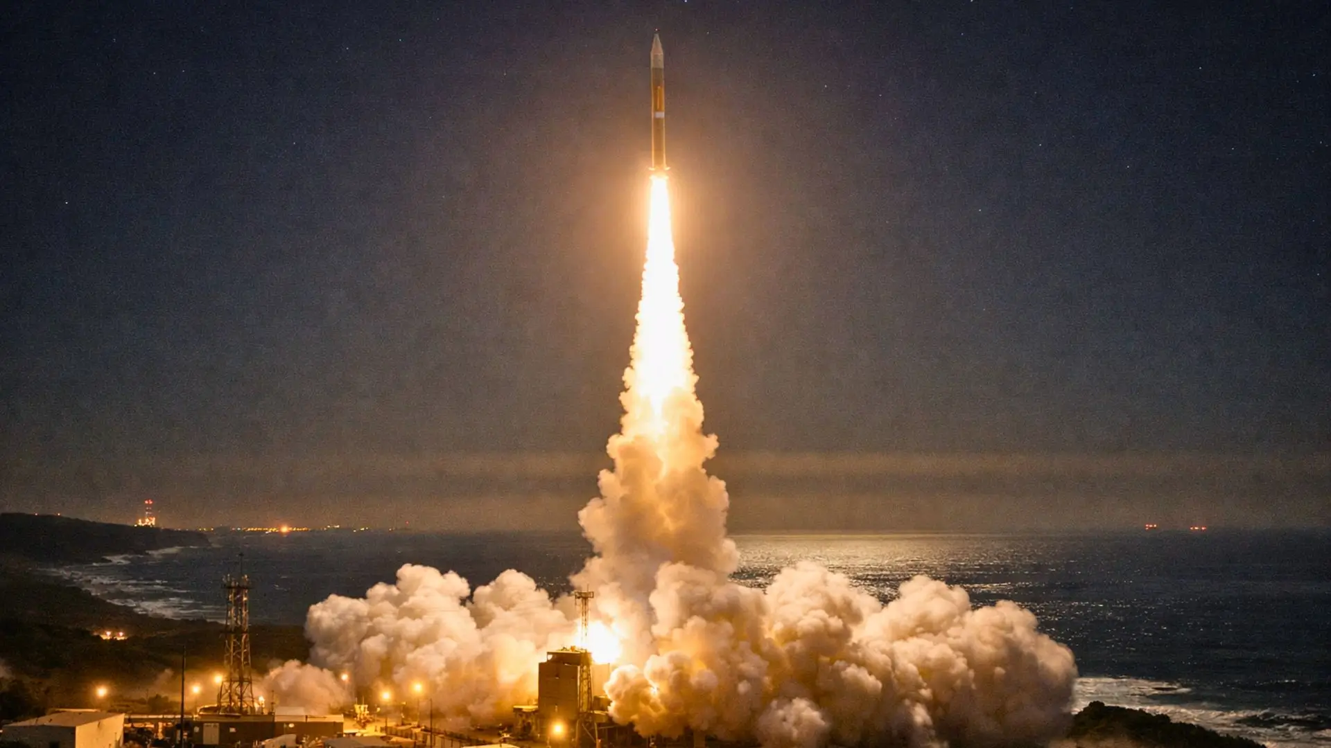 Un missile Minuteman III décolle de nuit depuis la base de Vandenberg, une puissante colonne de feu illuminant la côte du Pacifique.