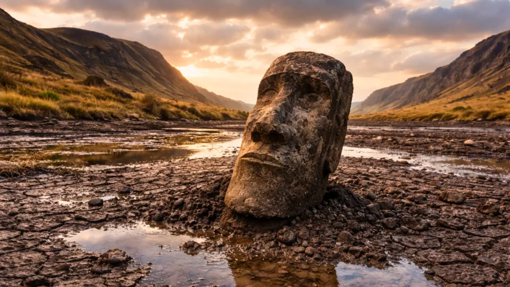 Un moai récemment découvert émerge partiellement de la boue craquelée d’un lac asséché à Rano Raraku, sur l’île de Pâques, sous un ciel dramatique au coucher du soleil.