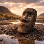 Un moai récemment découvert émerge partiellement de la boue craquelée d’un lac asséché à Rano Raraku, sur l’île de Pâques, sous un ciel dramatique au coucher du soleil.