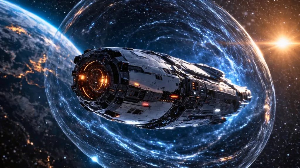 Un vaisseau spatial futuriste évolue dans l’espace, entouré d’une bulle de distorsion visible qui déforme légèrement le champ d’étoiles.