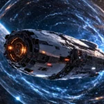 Un vaisseau spatial futuriste évolue dans l’espace, entouré d’une bulle de distorsion visible qui déforme légèrement le champ d’étoiles.