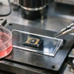 Une puce de neurone artificiel miniature repose dans un dispositif biomédical, à côté de cellules cardiaques cultivées et de microélectrodes de précision.