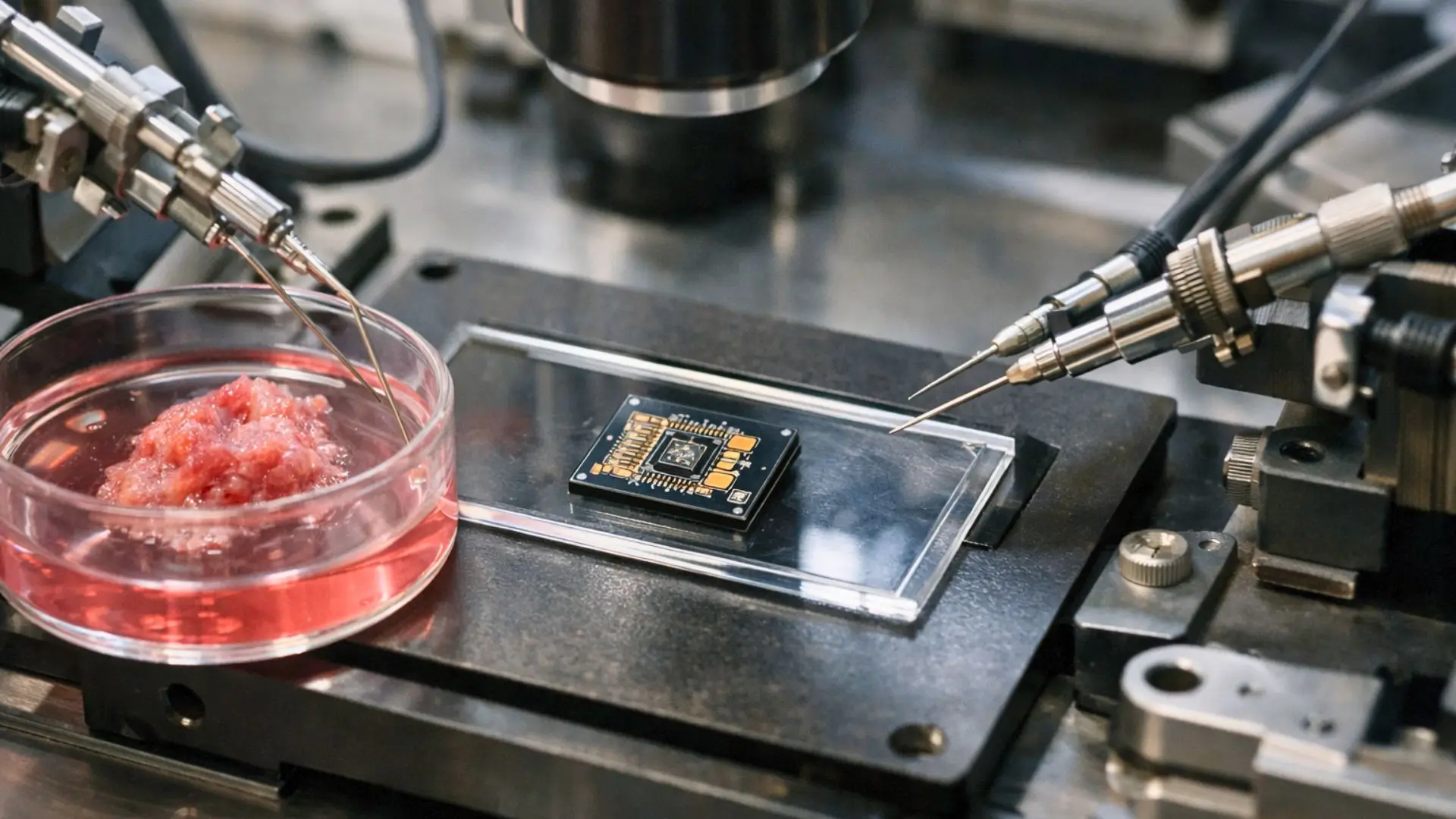 Une puce de neurone artificiel miniature repose dans un dispositif biomédical, à côté de cellules cardiaques cultivées et de microélectrodes de précision.