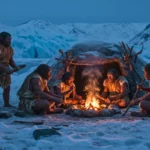 Néandertaliens assis autour d’un feu devant un abri de peaux dans un paysage glaciaire