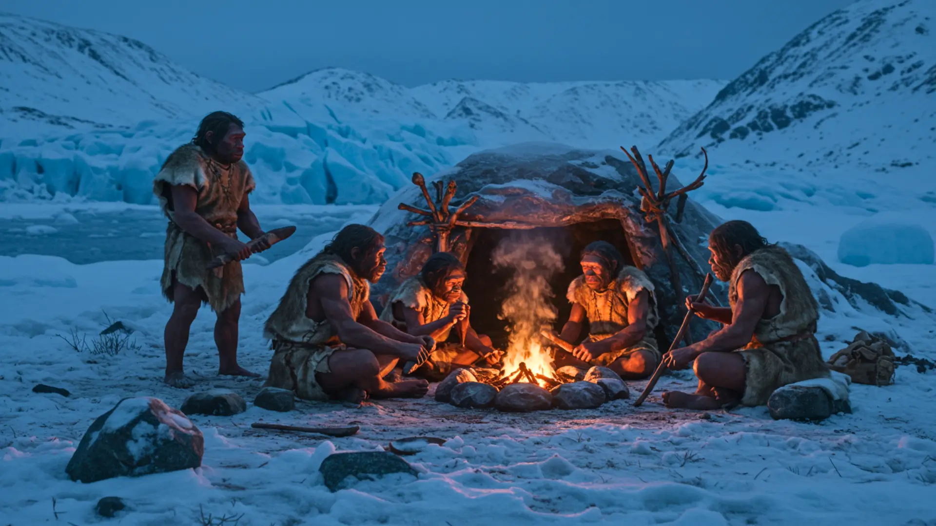 Néandertaliens assis autour d’un feu devant un abri de peaux dans un paysage glaciaire