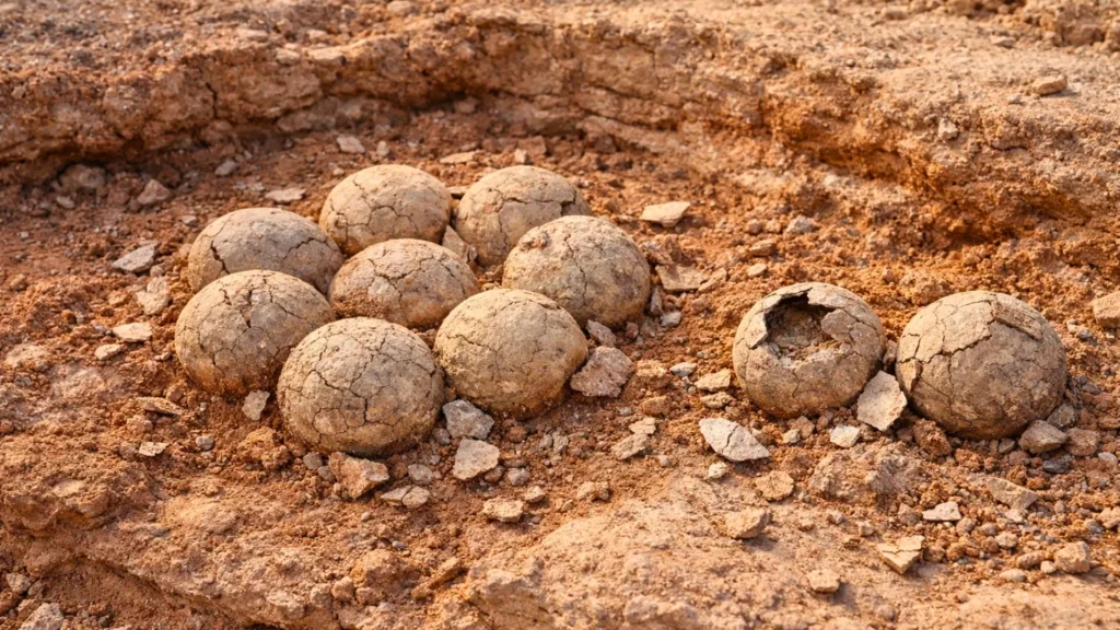 Des œufs de dinosaures fossilisés émergent d’un sédiment rougeâtre, partiellement excavés sur un ancien site de nidification dans le sud de la France.