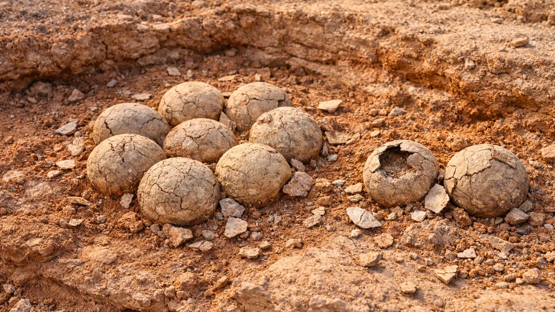 Des œufs de dinosaures fossilisés émergent d’un sédiment rougeâtre, partiellement excavés sur un ancien site de nidification dans le sud de la France.