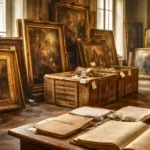 Plusieurs tableaux anciens empilés dans une galerie parisienne sombre, avec des caisses de transport et un registre de ventes ouvert sur une table pendant l’Occupation.