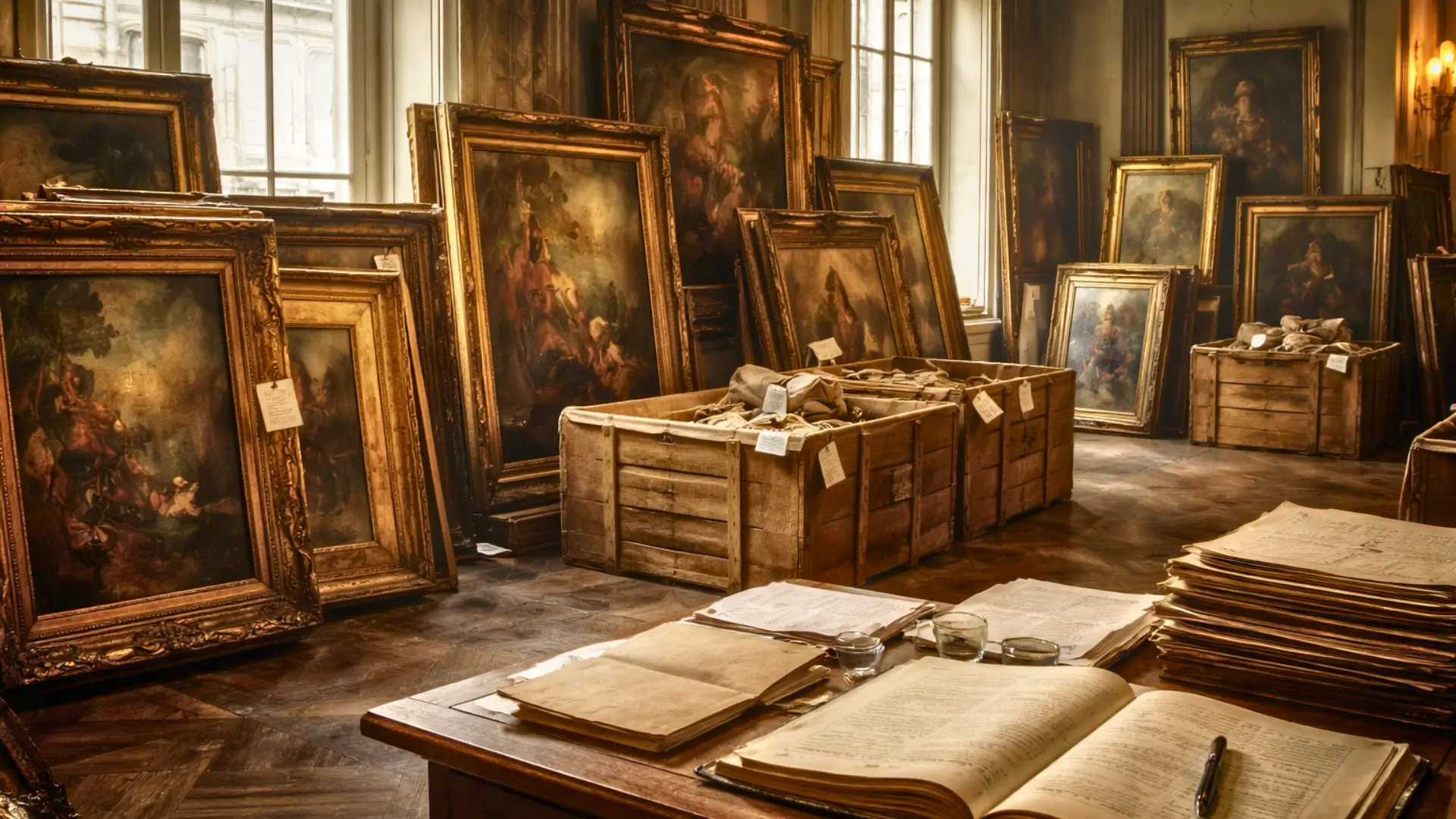Plusieurs tableaux anciens empilés dans une galerie parisienne sombre, avec des caisses de transport et un registre de ventes ouvert sur une table pendant l’Occupation.