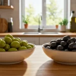Deux bols d’olives vertes et noires posés sur un plan de travail dans une cuisine lumineuse