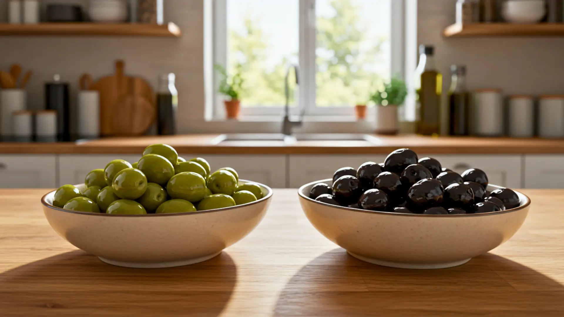Deux bols d’olives vertes et noires posés sur un plan de travail dans une cuisine lumineuse